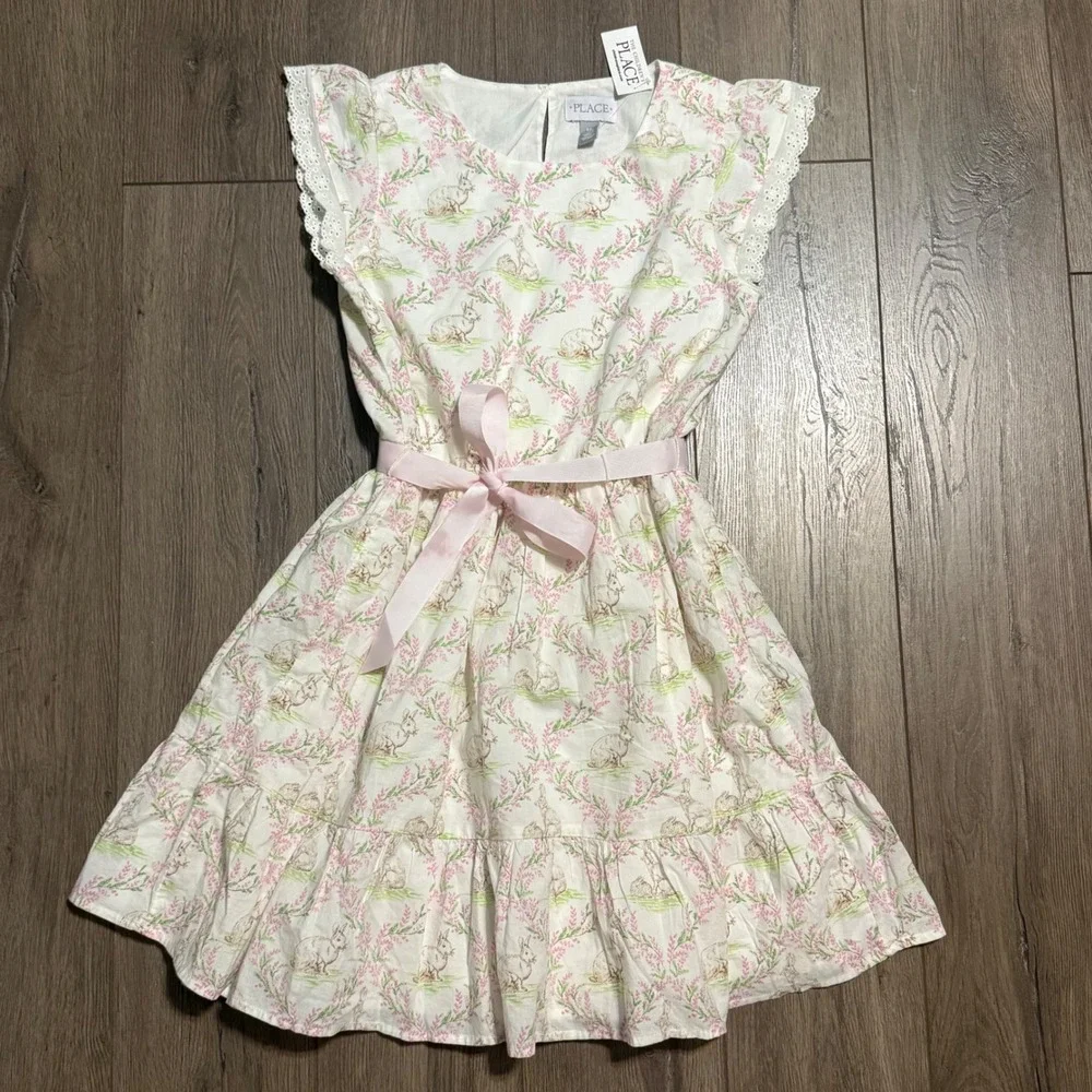 The Childrens Place Girls White Pink Bunny Floral Eyelet Dress Size 14 XL NWT